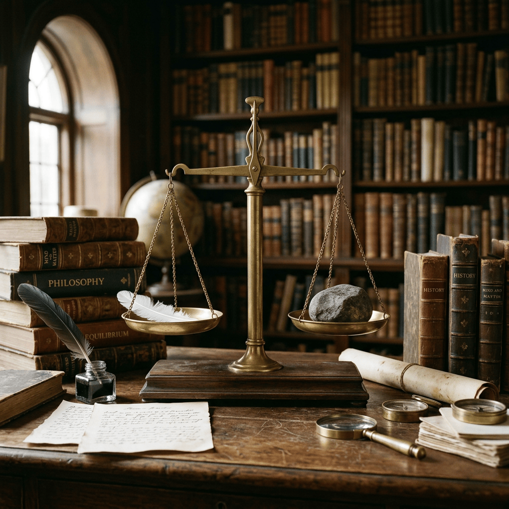 Brass balance weighing a feather against a stone in a library
