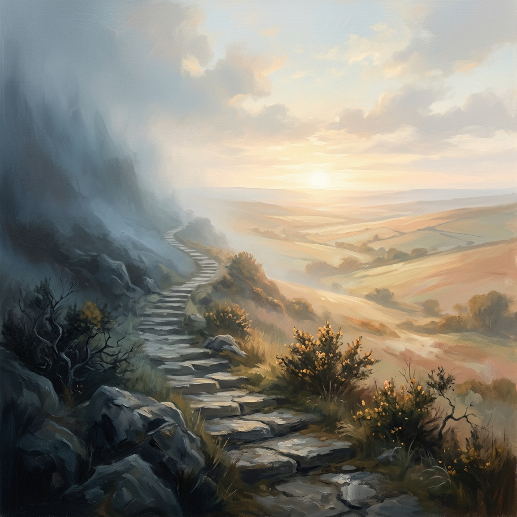 Stone trail winding through rocky hills toward sunlit countryside at sunset