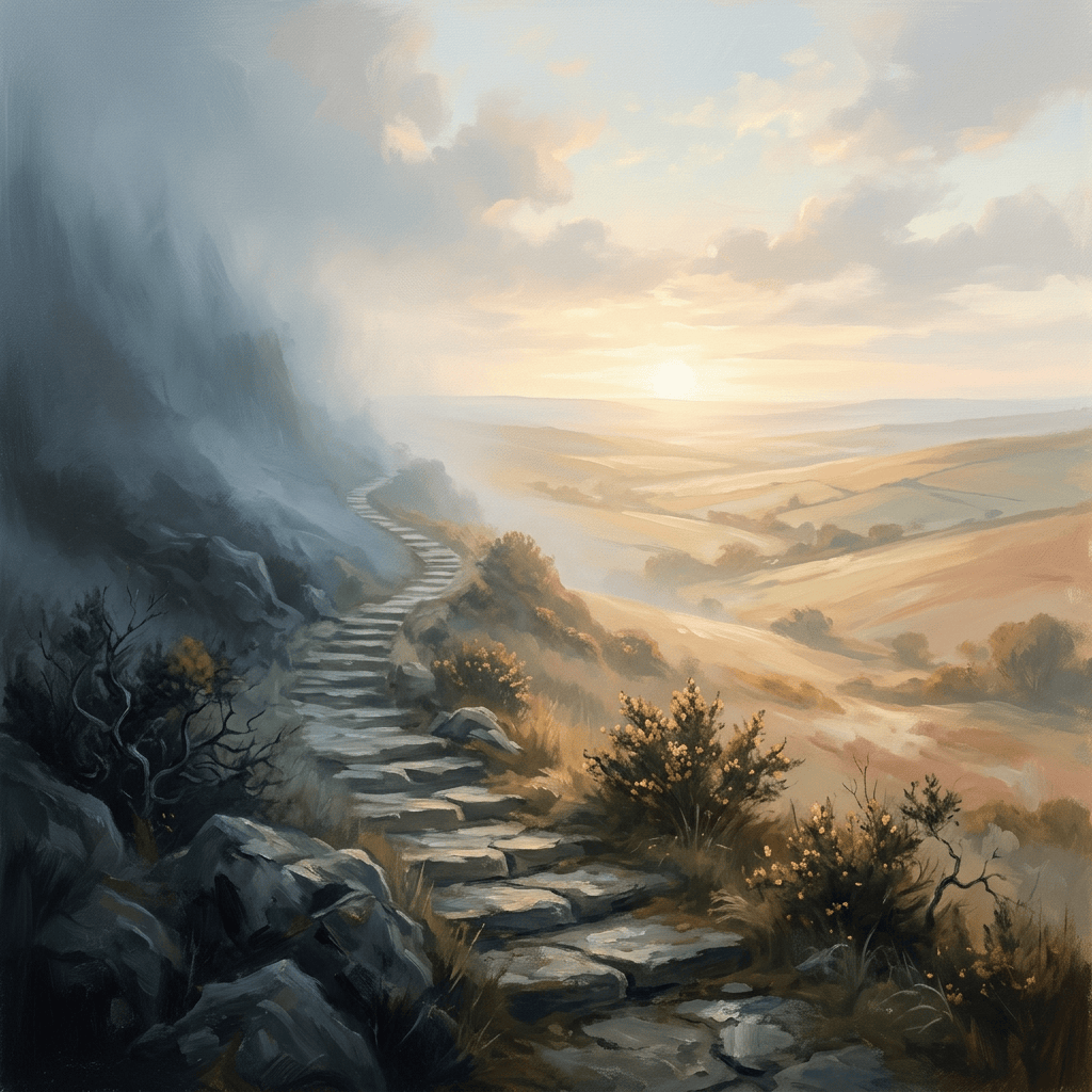 Stone trail winding through rocky hills toward sunlit countryside at sunset