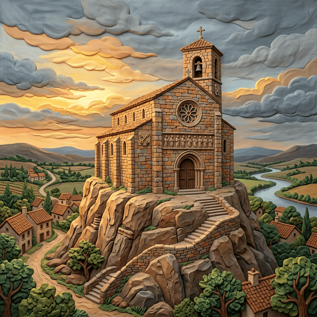 Stone church with bell tower atop a rocky hill overlooking a village and river