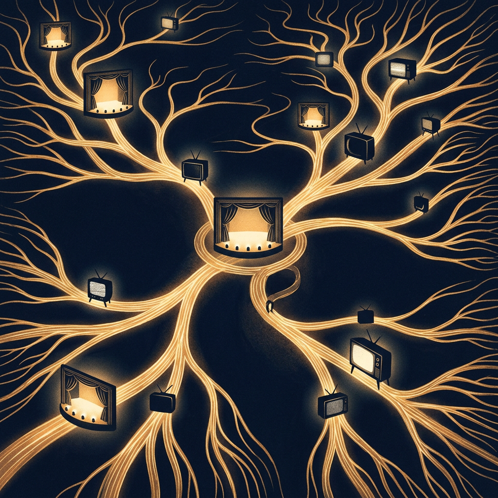 Golden branching pathways connect vintage televisions and theater stages around a central stage