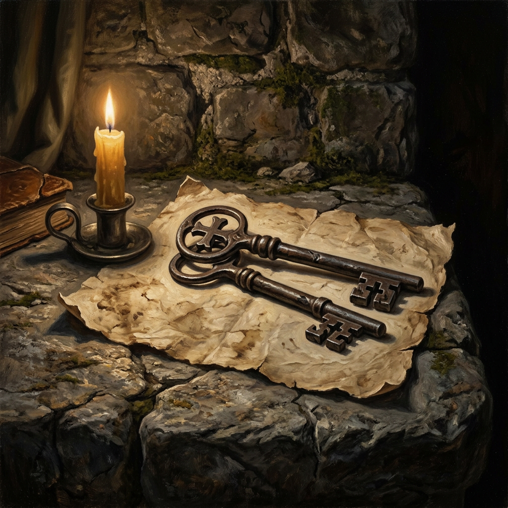 Two ornate antique keys on a weathered map beside a lit candle