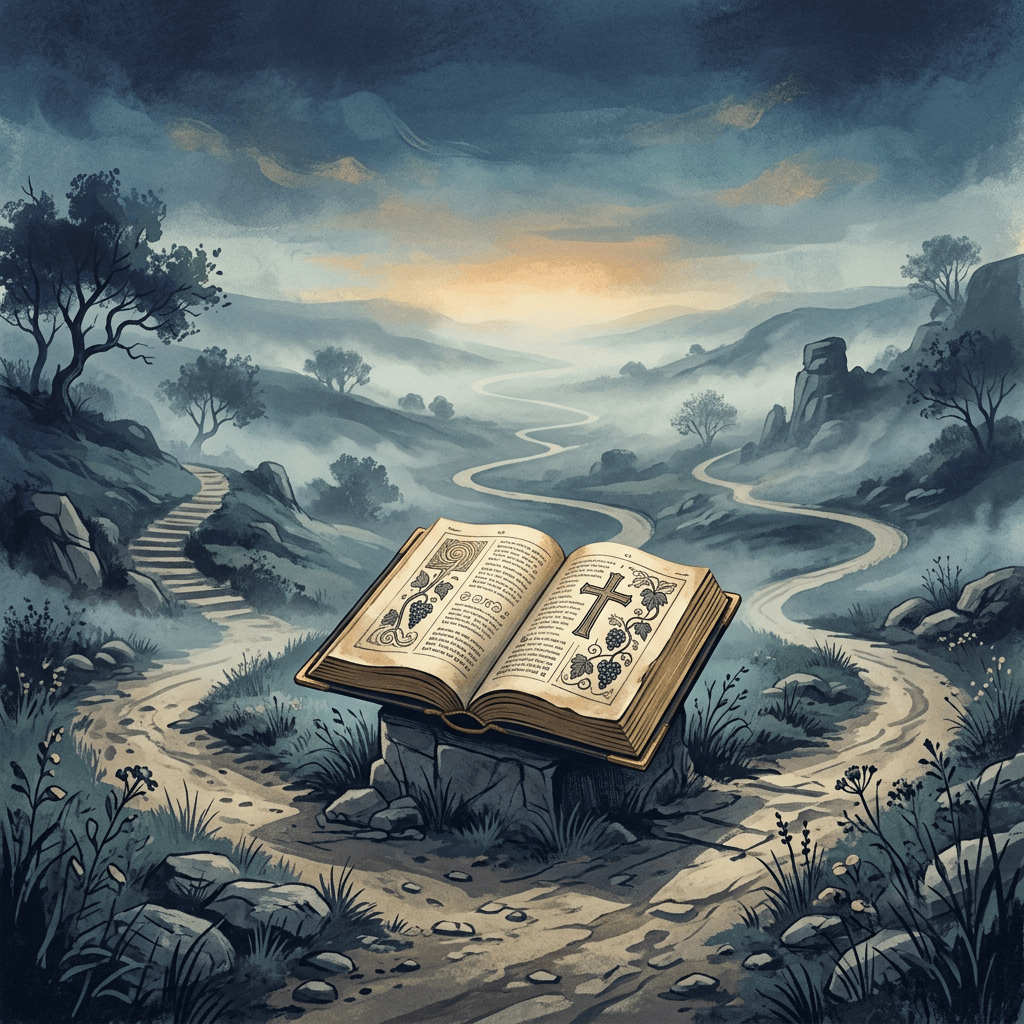Open illuminated devotional book on a stone in a misty mountain landscape