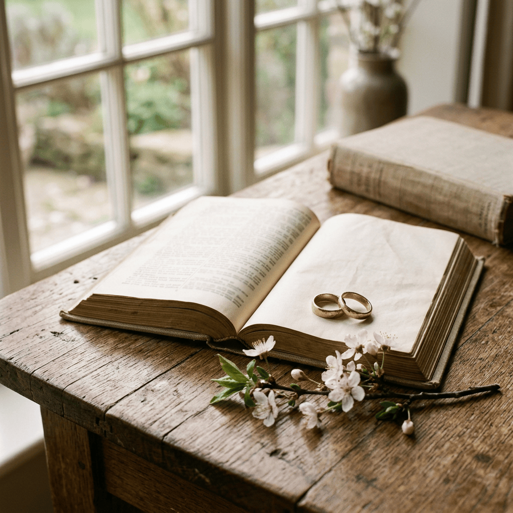 Wedding rings, open Bible, and flowering branch