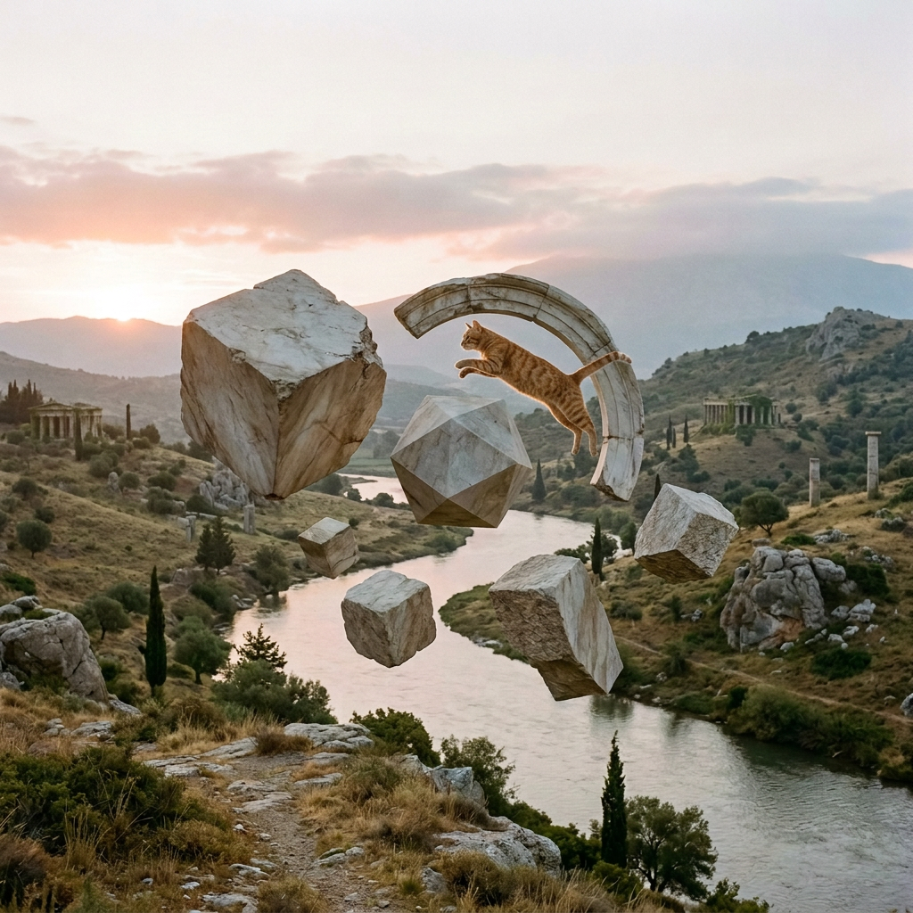 Floating marble stones and broken arch above a river valley with ancient ruins