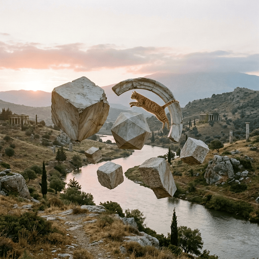 Floating marble stones and broken arch above a river valley with ancient ruins